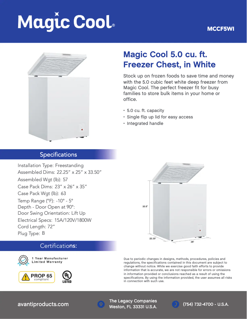 Page 1 de la notice Fiche technique Magic Cool MCCF5WI