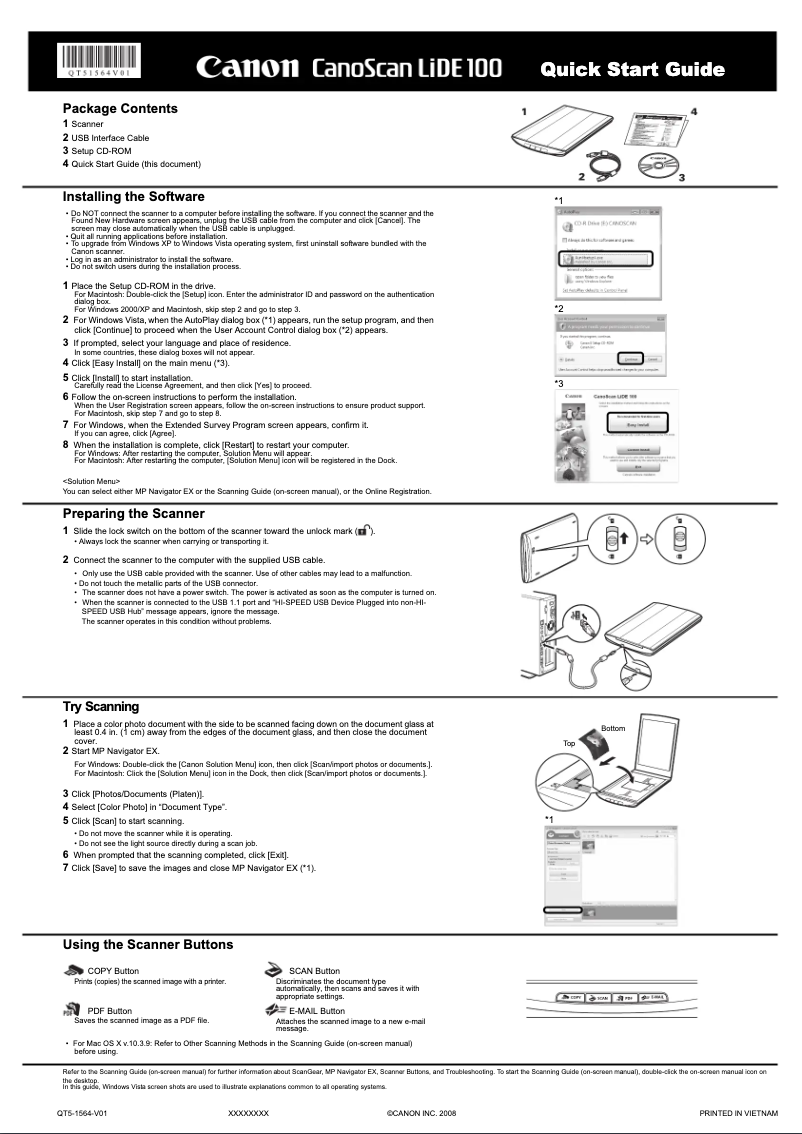 Page 1 de la notice Guide de démarrage rapide Canon CanoScan LiDE 100