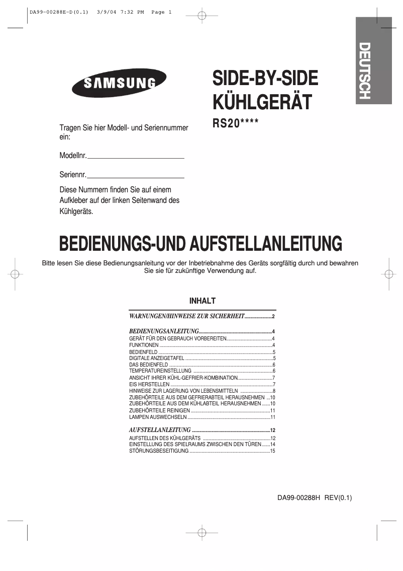 Page 1 de la notice Manuel utilisateur Samsung RS20CCSV