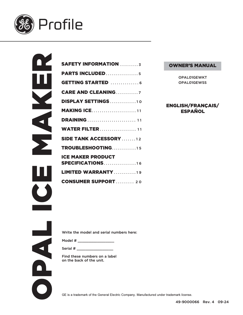 First page image of the manual for Profile Opal OPAL01GEWKT
