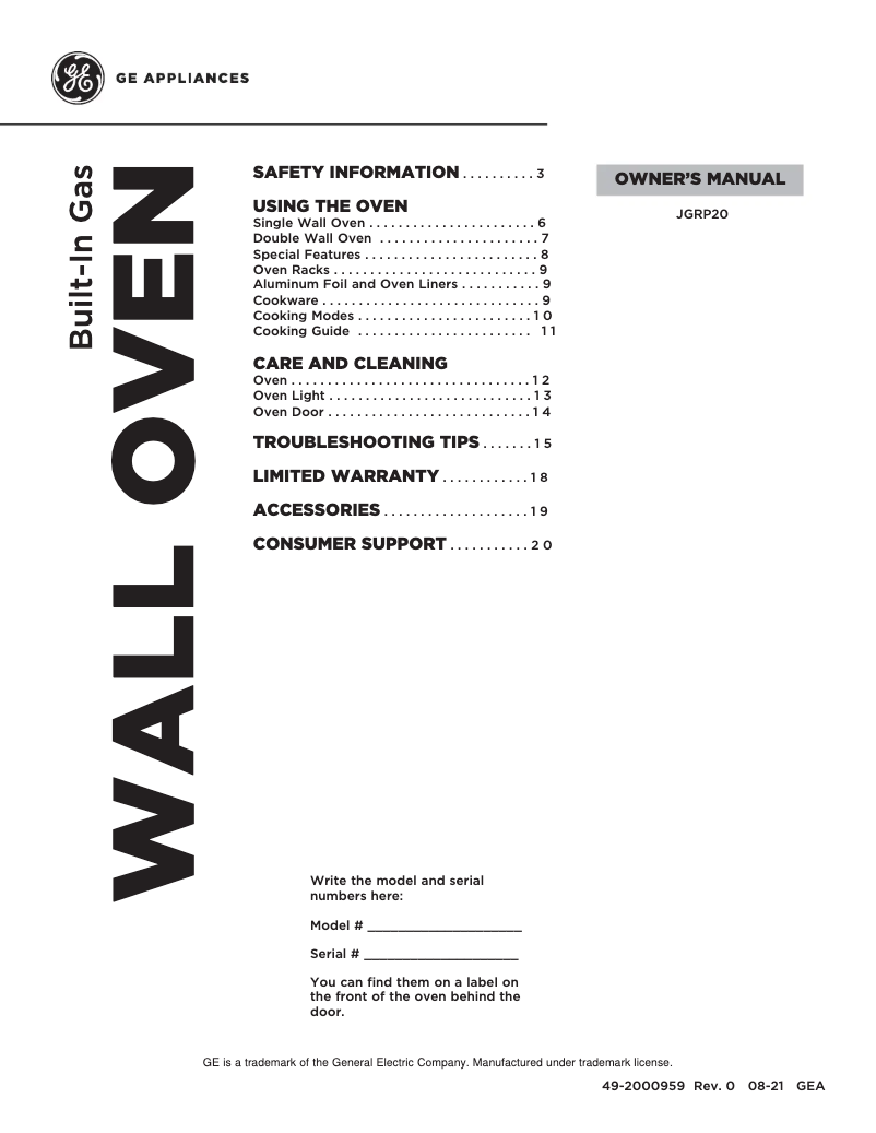 Page 1 of the manual Use and Maintenance Manual GE JGRP20WEJWW