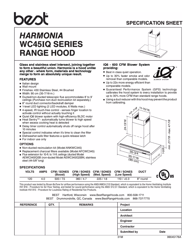 Page 1 de la notice Fiche technique Best Harmonia WC45E90SB