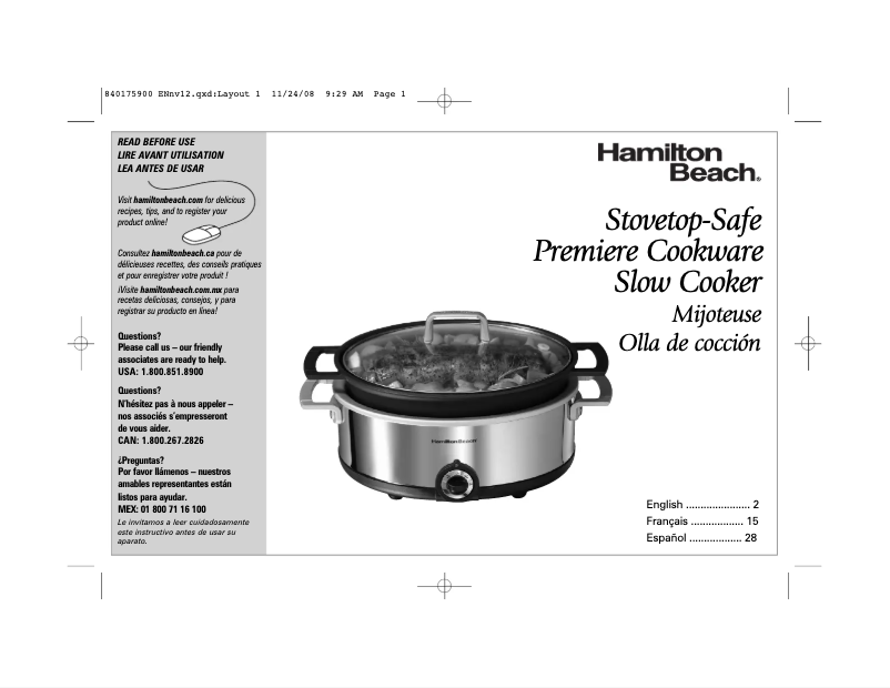 Page 1 de la notice Manuel utilisateur Hamilton Beach Premiere 33351