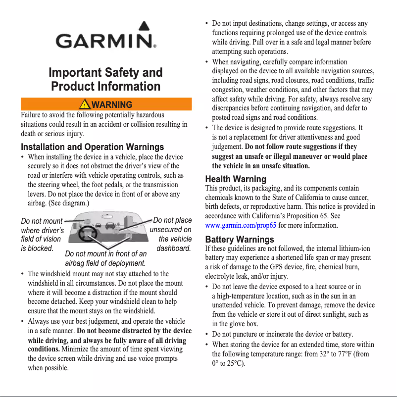 Page 1 de la notice Instructions de sécurité Garmin nüvi 650