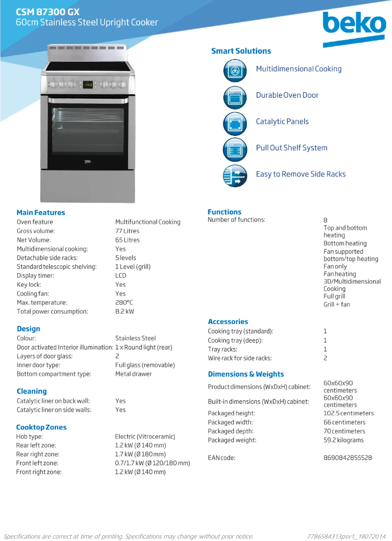 Page 1 de la notice Fiche technique Beko CSM87300GX