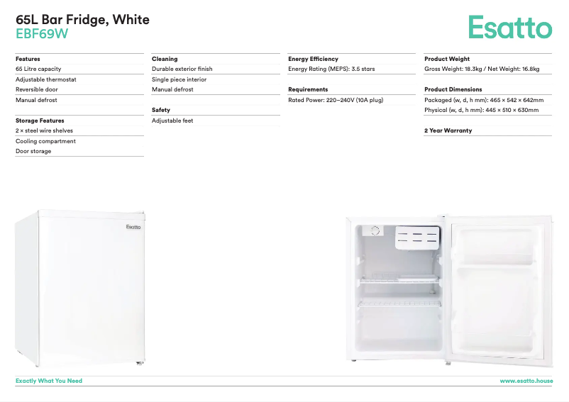 Page 1 de la notice Fiche technique Esatto EBF69W