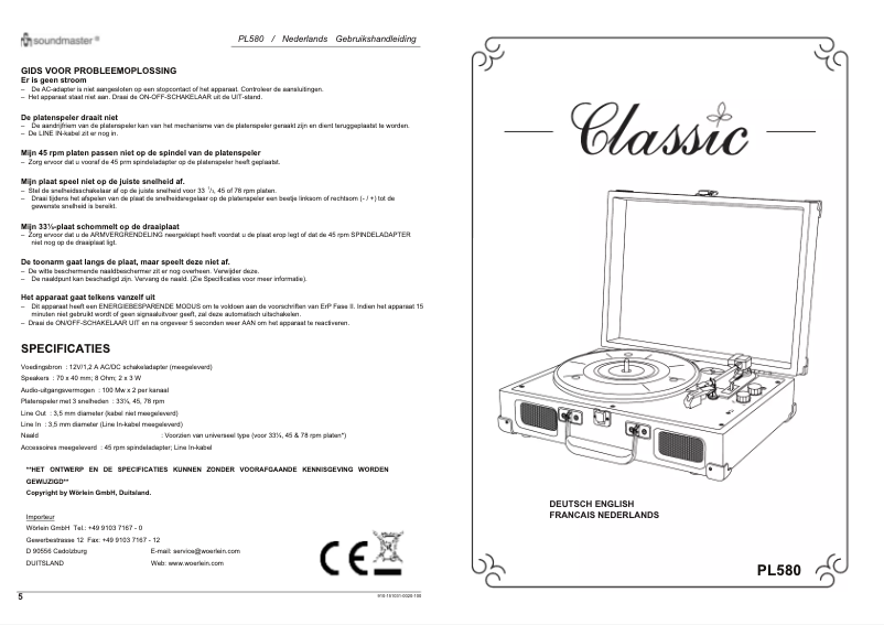 Page 1 de la notice Manuel utilisateur Soundmaster PL580GE