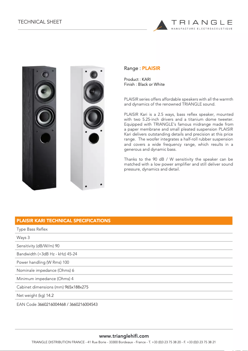 Page 1 de la notice Fiche technique Triangle Plaisir