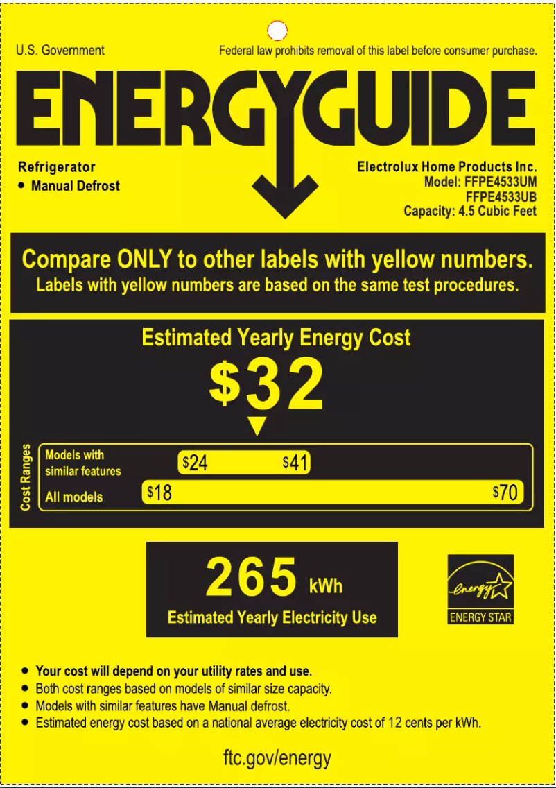 Page n°1 - Label énergétique Frigidaire FFPE4533UM