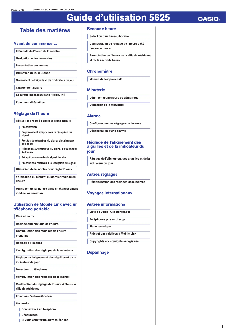 Page 1 de la notice Manuel utilisateur Casio G-Shock MRG-B2000