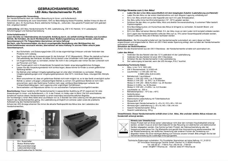 Page n°1 - Manuel utilisateur IVT PL-830-3W