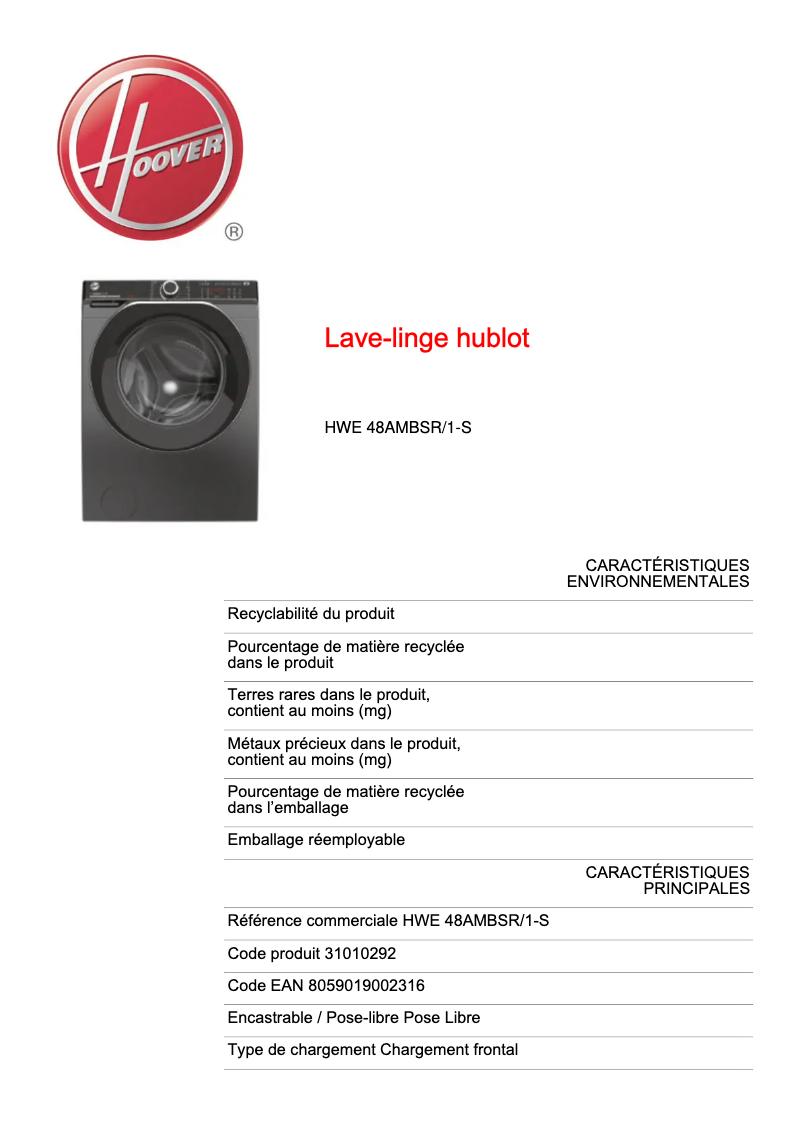 Page n°1 - Fiche technique Hoover HWE 48AMBSR/1-S