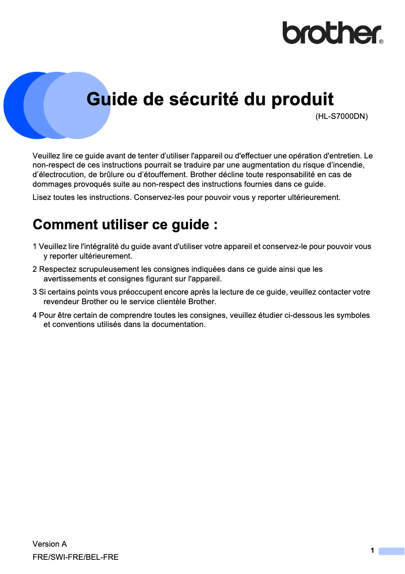 Page n°1 - Instructions de sécurité Brother HL-S7000DN