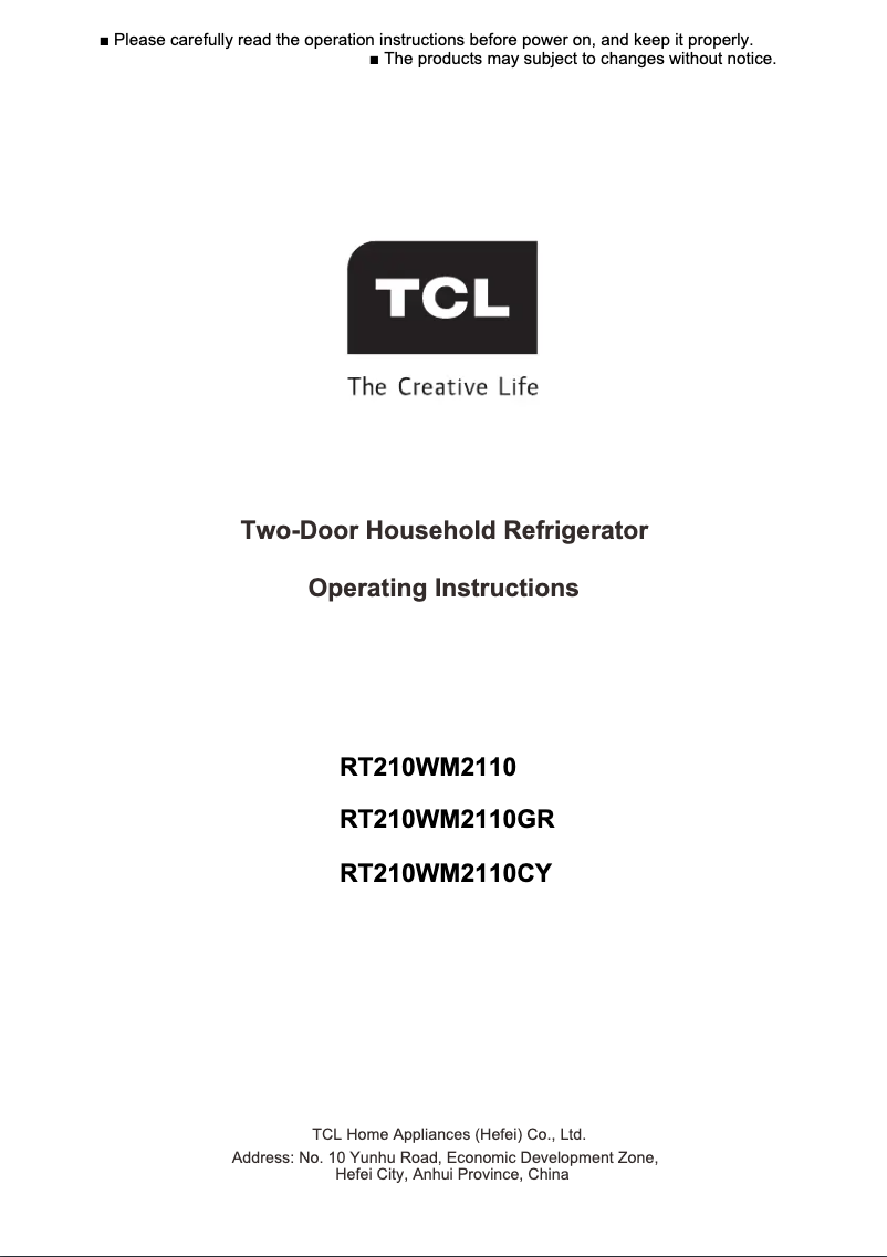 Page 1 de la notice Fiche technique TCL RT210WM2110