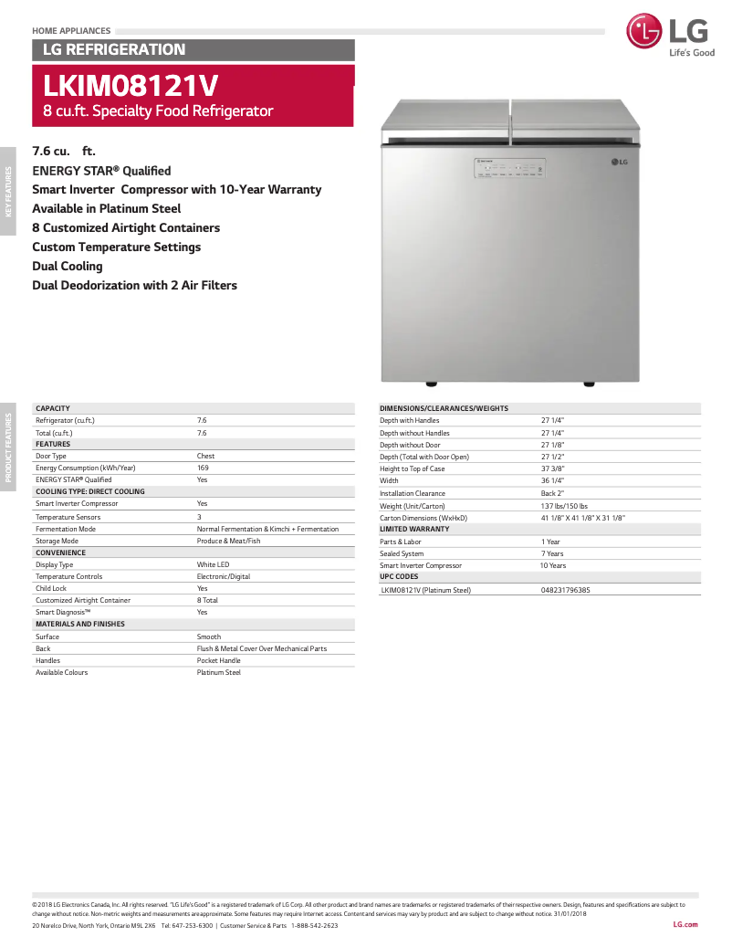 Page 1 de la notice Fiche technique LG LKIM08121V