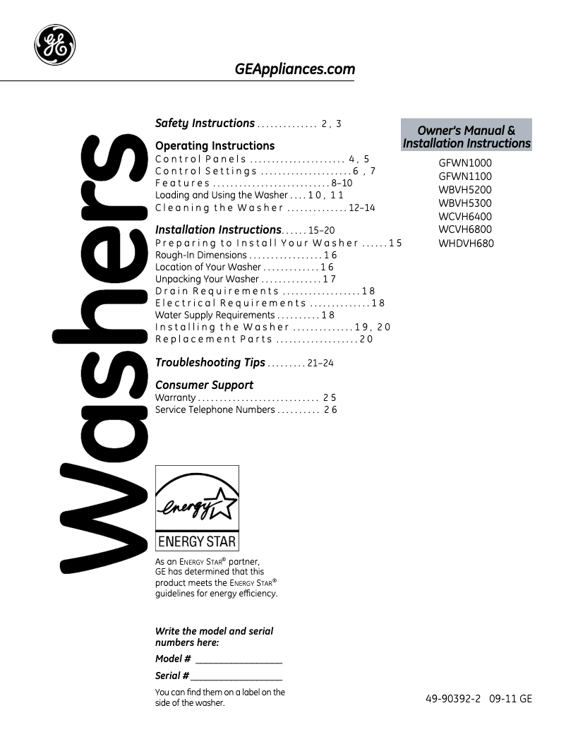 Page n°1 - Manuel d'utilisation et d'entretien GE WCVH6400JWW