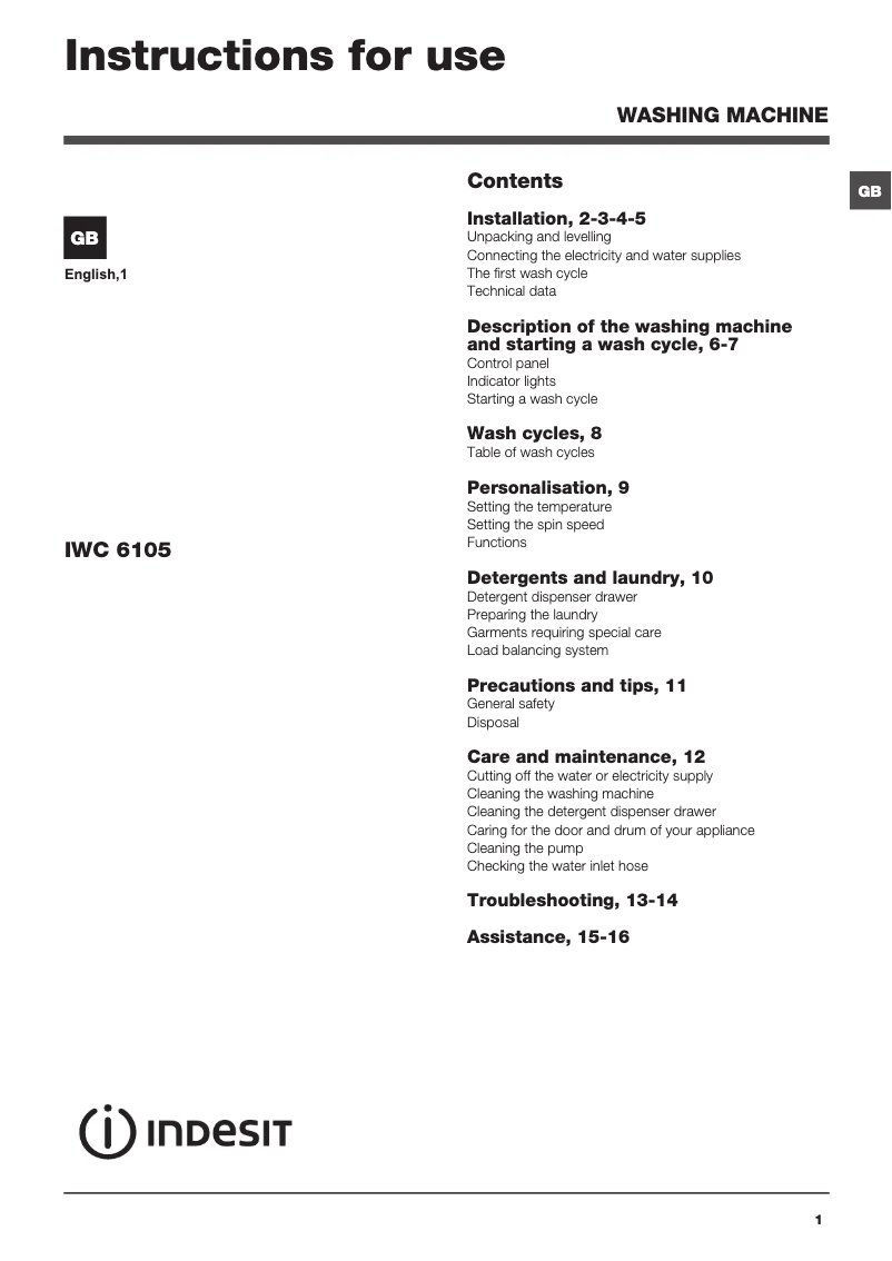 Page 1 de la notice Manuel utilisateur Indesit IWD 6105