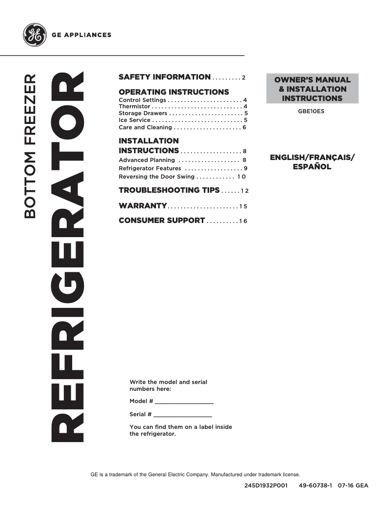 Page 1 de la notice Guide d'installation GE GBE10ESJSB