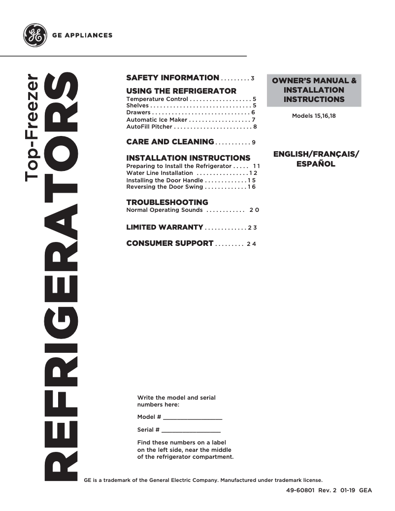 Page 1 of the manual Use and Maintenance Manual GE HPS18BTHBB