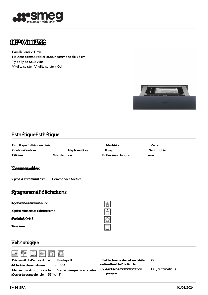 Page 1 de la notice Fiche technique Smeg CPV115G