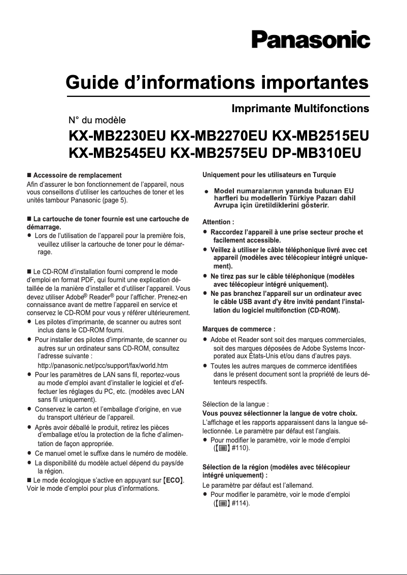 Page 1 de la notice Manuel utilisateur Panasonic KX-MB2230EU