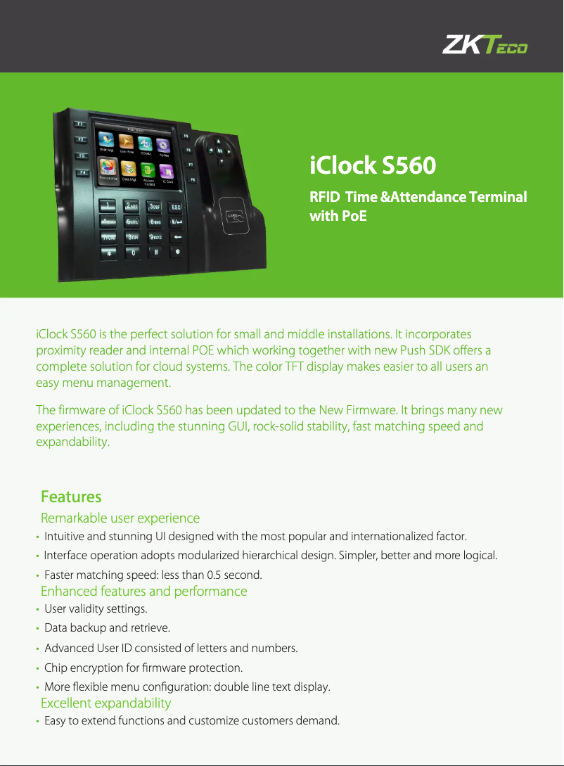 Page 1 de la notice Fiche technique ZKTeco iClock S560