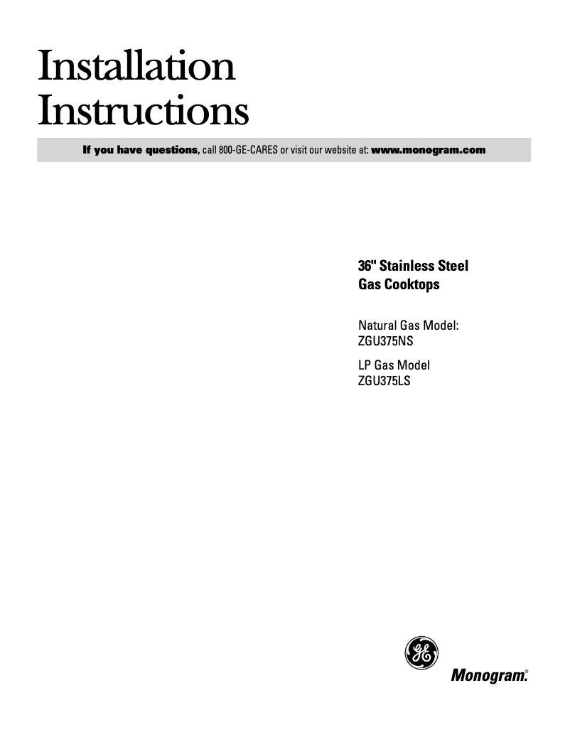 Page n°1 - Guide d'installation GE ZGU375NSDSS