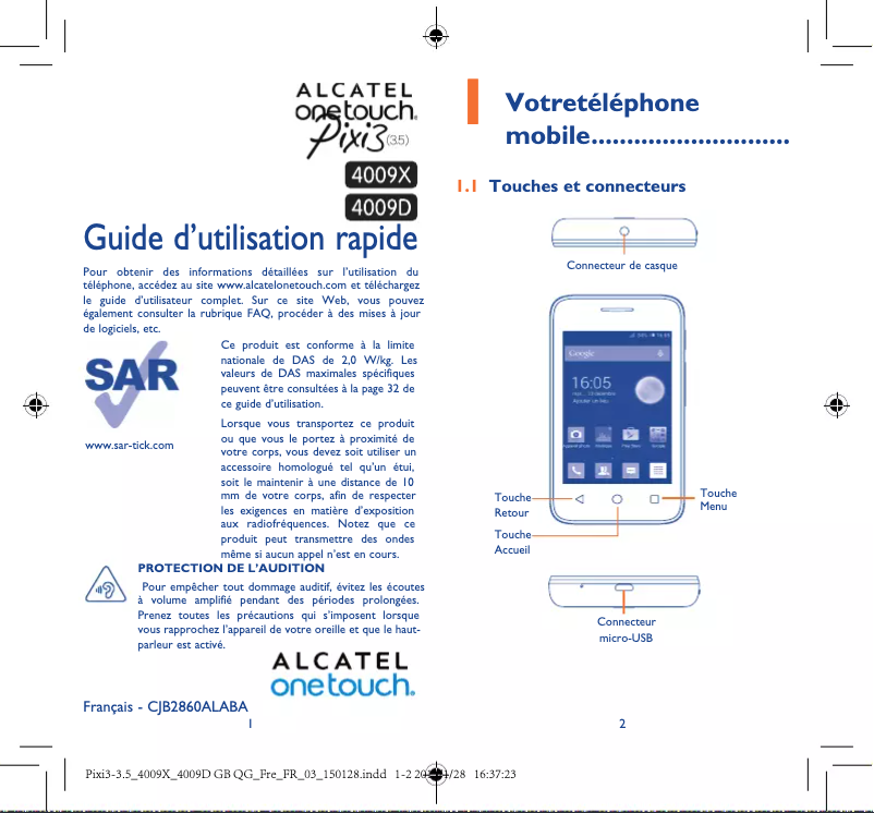 Page 1 de la notice Manuel utilisateur Alcatel OneTouch Pixi 3