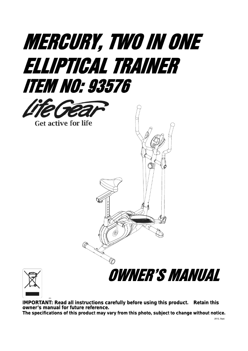 Page 1 de la notice Manuel utilisateur Life Gear Mercury 2 in 1 Elliptical Trainer 93576