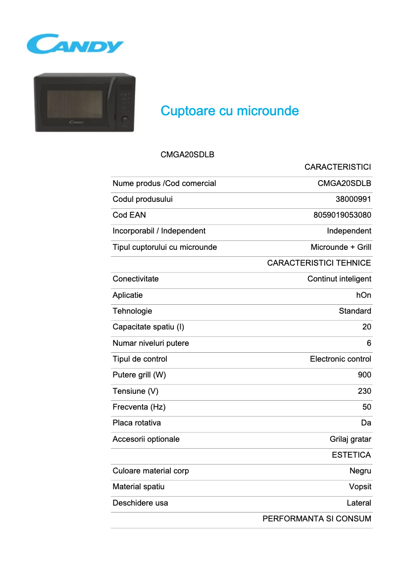 Page 1 de la notice Fiche technique Candy CMGA20SDLB