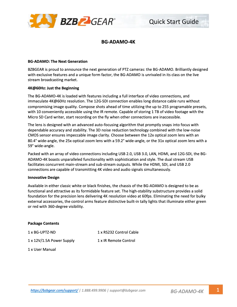 Page n°1 - Manuel utilisateur BZBGear BG-ADAMO-4K
