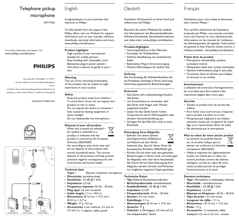Page 1 of the manual User Manual Philips LFH9162