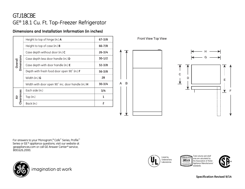Page 1 de la notice Fiche technique GE GTJ18CBESA
