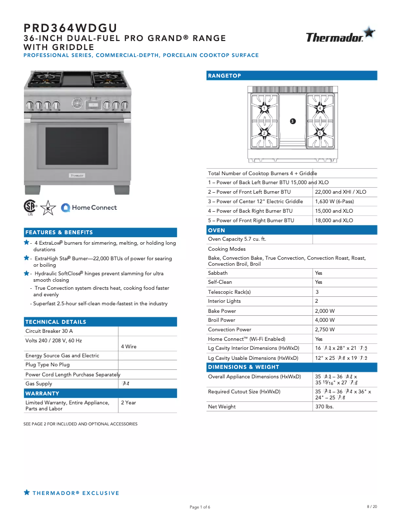 Page n°1 - Fiche technique Thermador PRD364WDGU