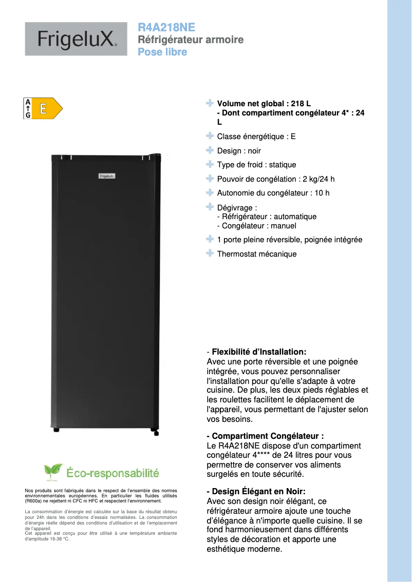 Page n°1 - Fiche technique FrigeluX R4A218NE