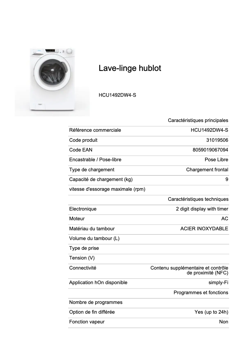 Page n°1 - Fiche technique Candy HCU1492DW4-S