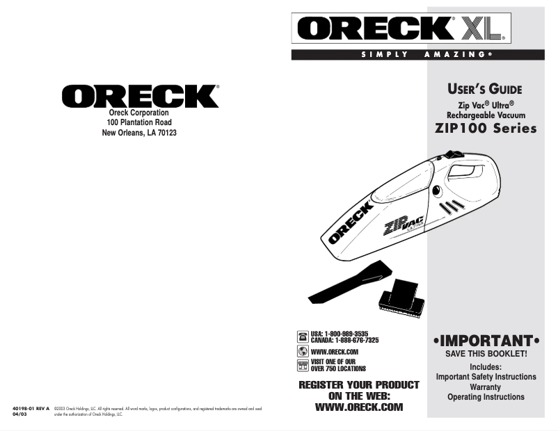 Page n°1 - Manuel utilisateur Oreck Zip Vac Ultra ZIP100