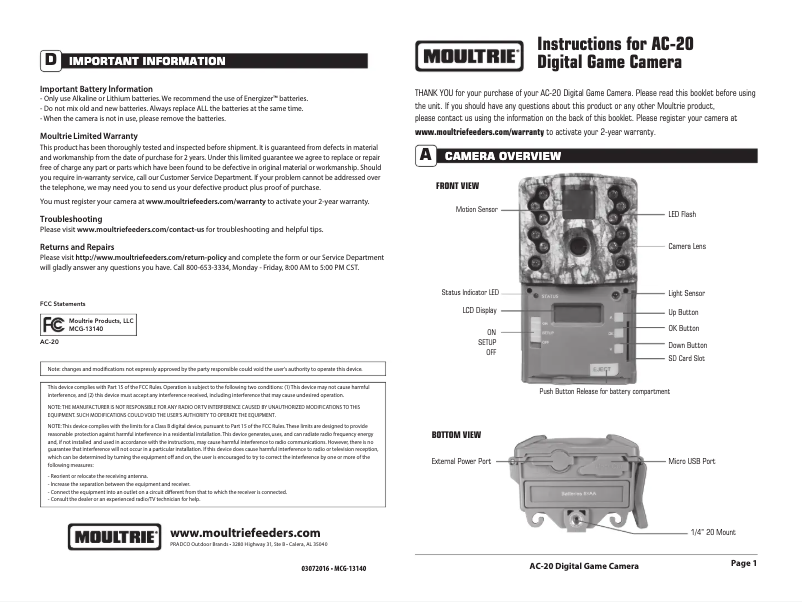 Page 1 de la notice Manuel utilisateur Moultrie AC-20