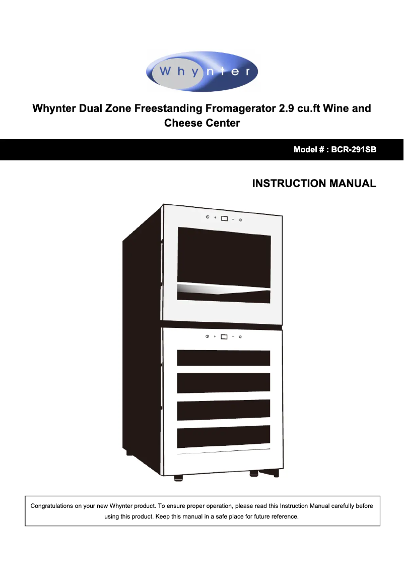 Page 1 de la notice Manuel utilisateur Whynter BCR-291SB