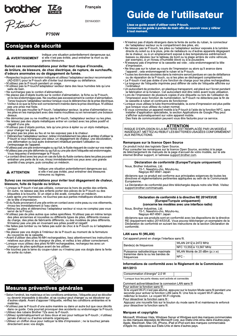 Page n°1 - Manuel utilisateur Brother P-touch PT-P750W