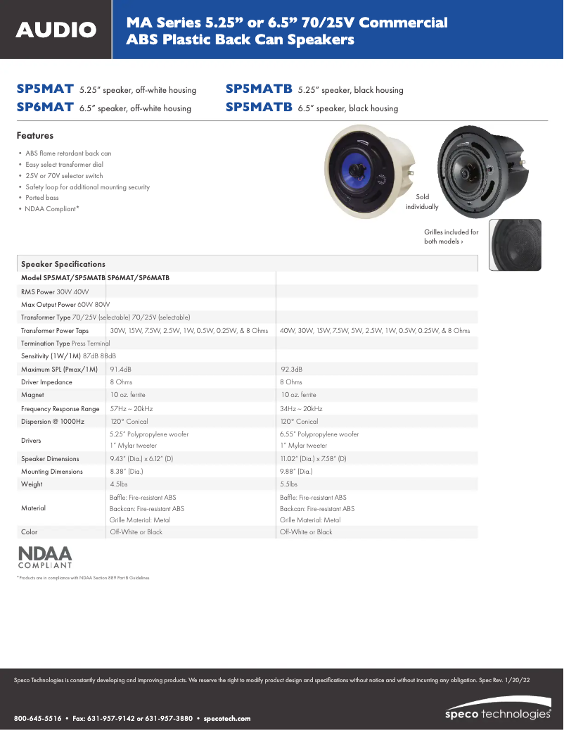 Page 1 de la notice Fiche technique Speco Technologies SP5MAT