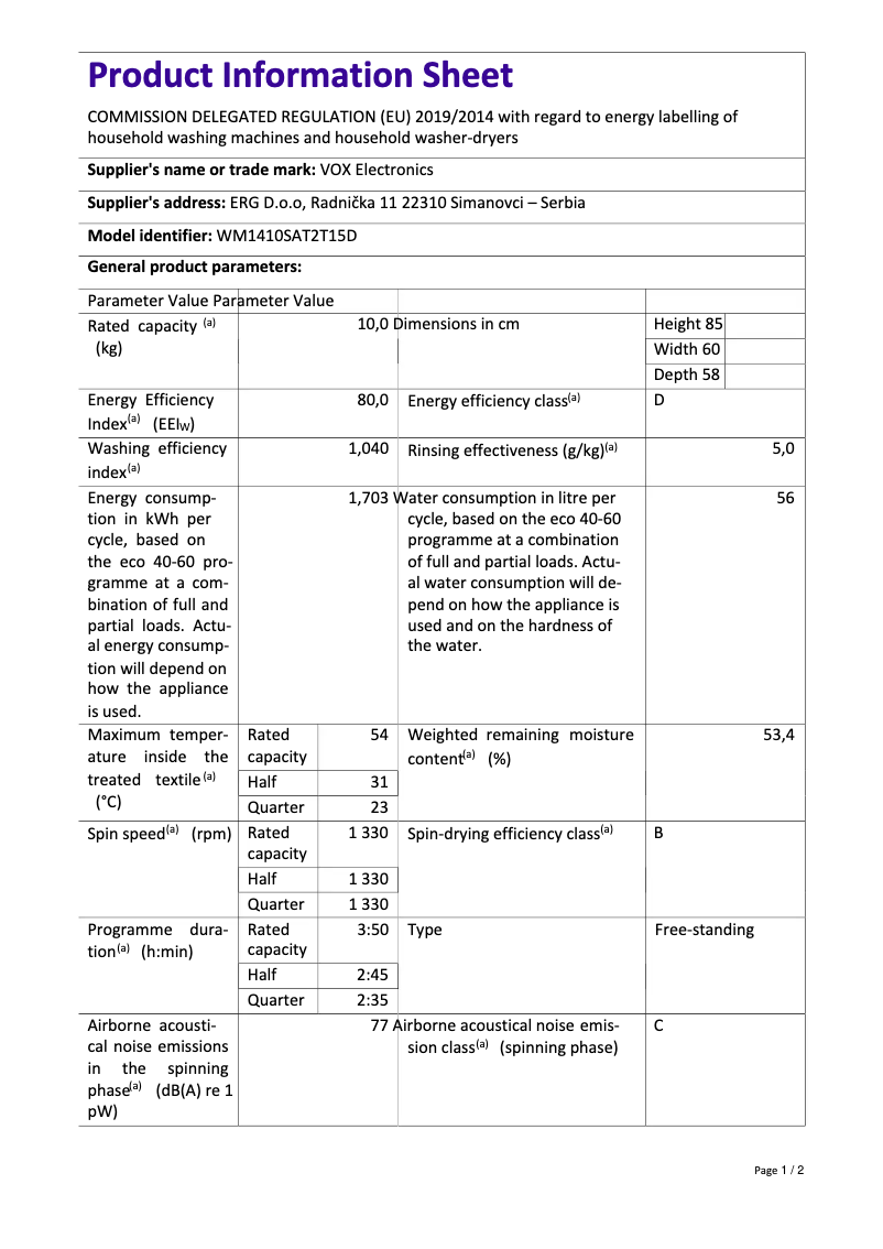 Page 1 de la notice Fiche technique VOX WM1410-SAT2T15D