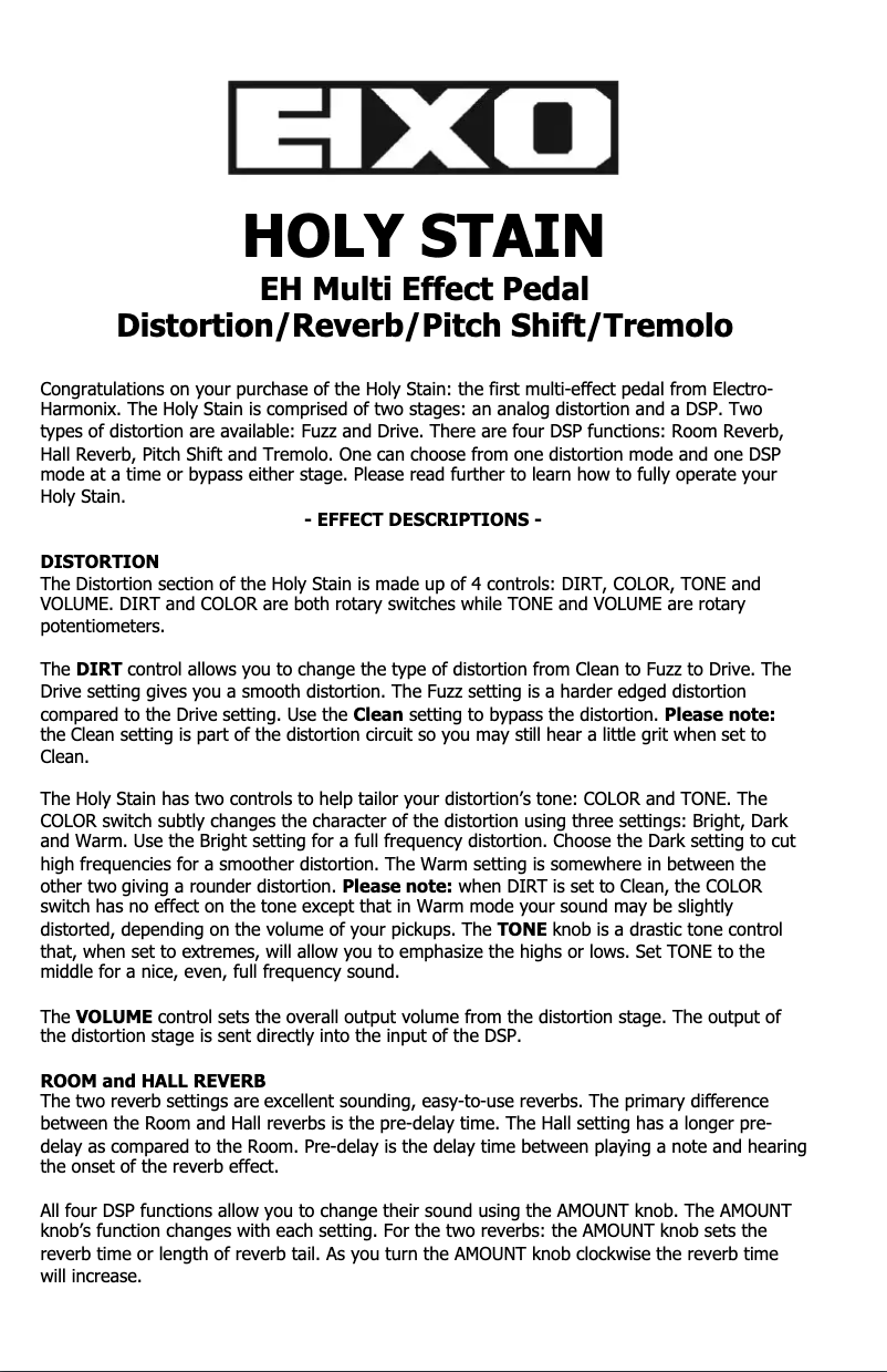 Page n°1 - Manuel utilisateur Electro Harmonix Holy Stain