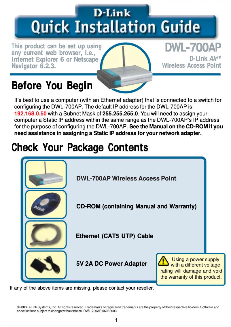 Page n°1 - Guide de démarrage rapide D-Link DWL-700AP
