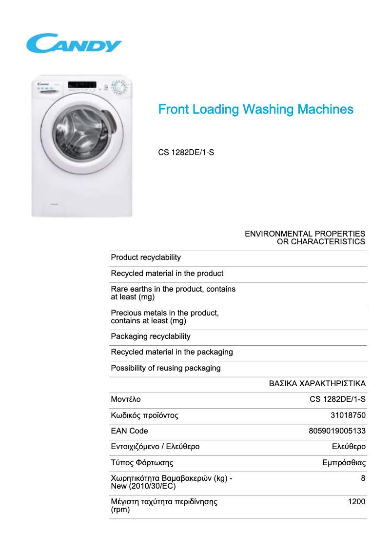 Page 1 de la notice Fiche technique Candy CS 1282DE/1-S
