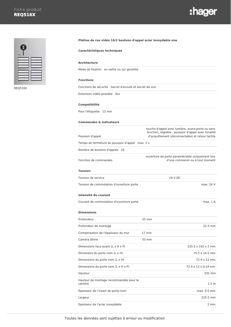 Page n°1 - Fiche technique Hager REQ516X