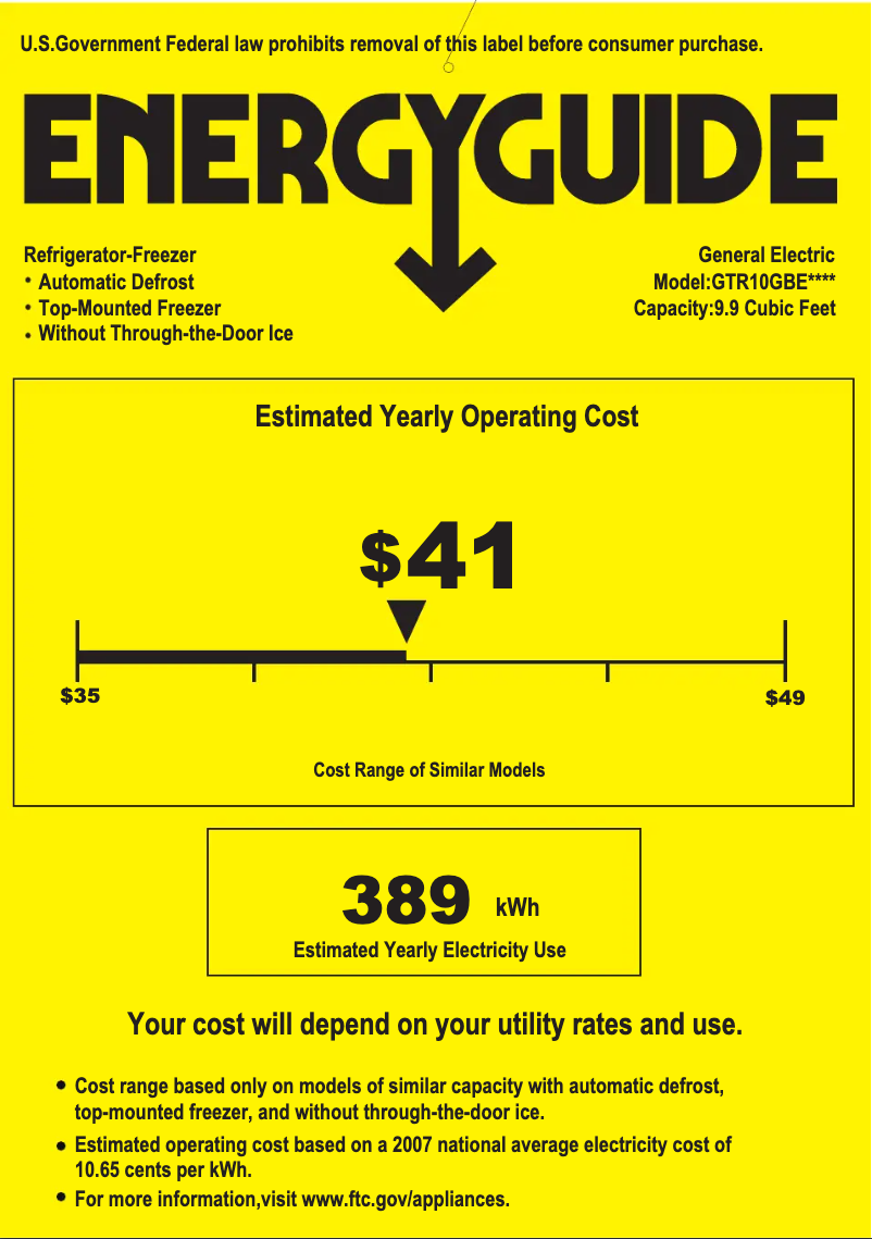 Page 1 de la notice Label énergétique GE GTR10GBEWW
