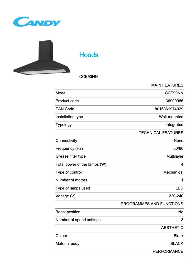 Page 1 de la notice Fiche technique Candy CCE90NN