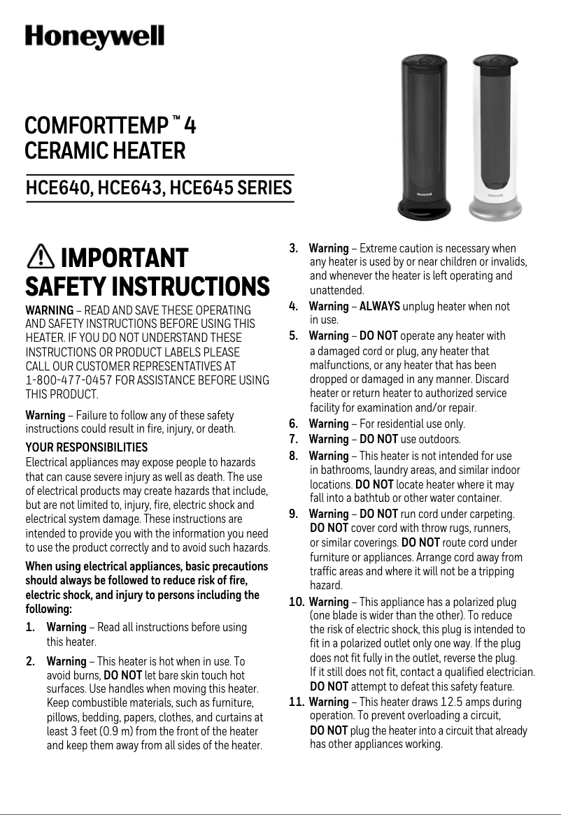 Page 1 de la notice Manuel utilisateur Honeywell ComfortTemp 4 HCE645
