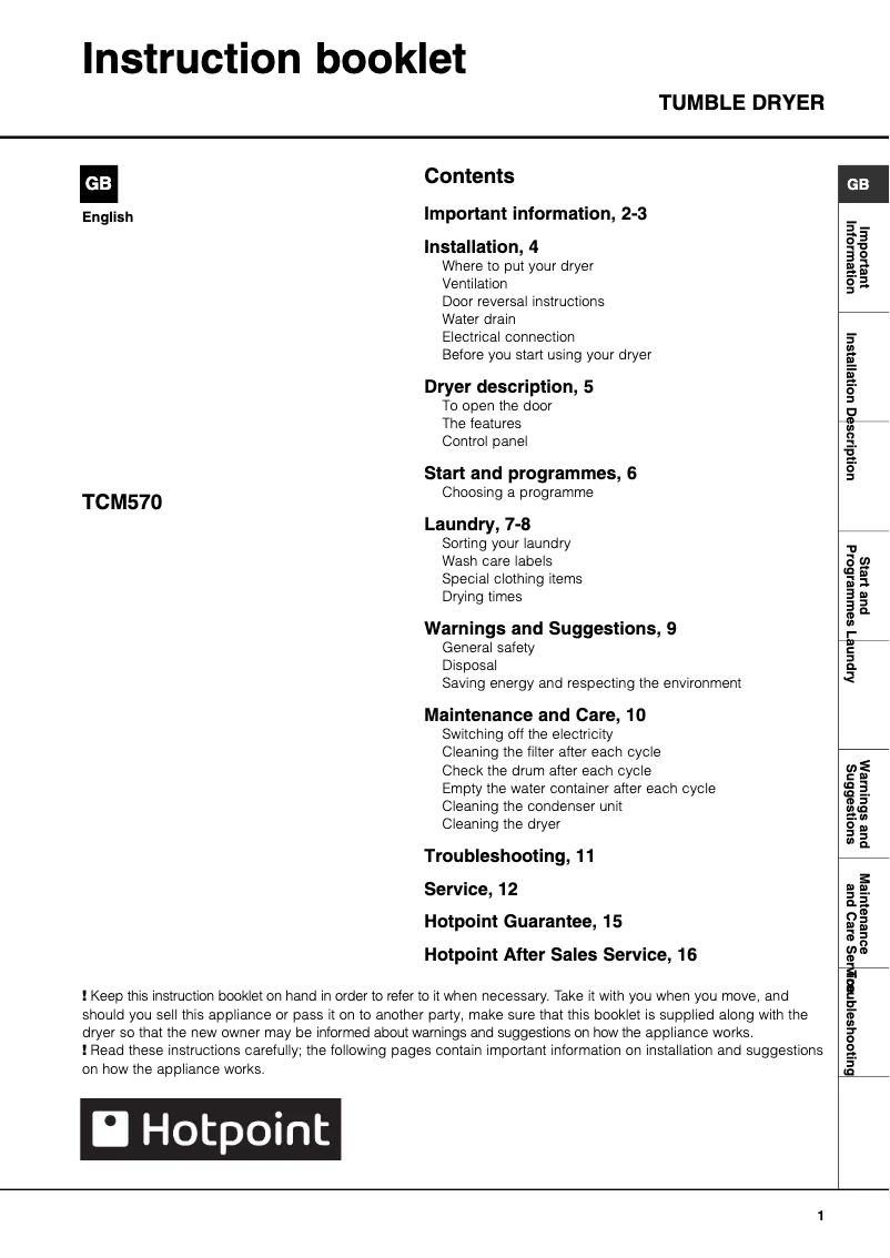 Page n°1 - Manuel utilisateur Hotpoint TCM570G
